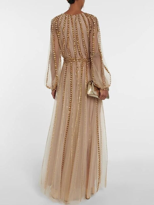 Appliques Embellished Long Tulle Gown - Dresses