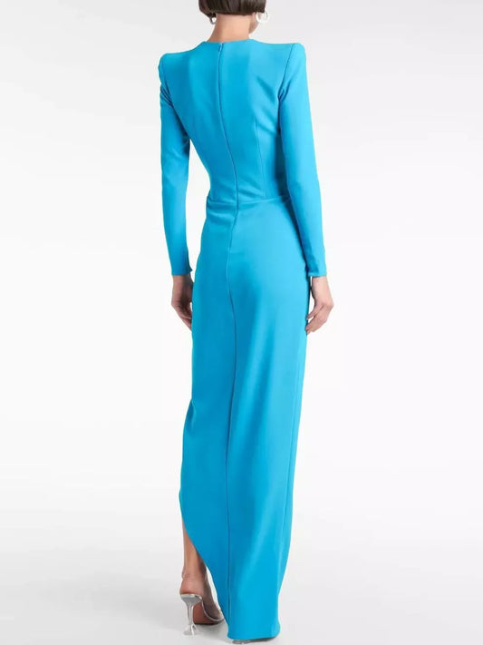 Asymmetric Blue Draped Crepe Maxi Dress - Dresses