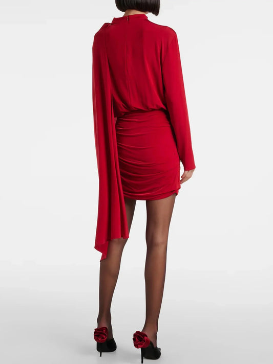 Asymmetric Cape Stretch Ruched Red Mini Dress - Dresses