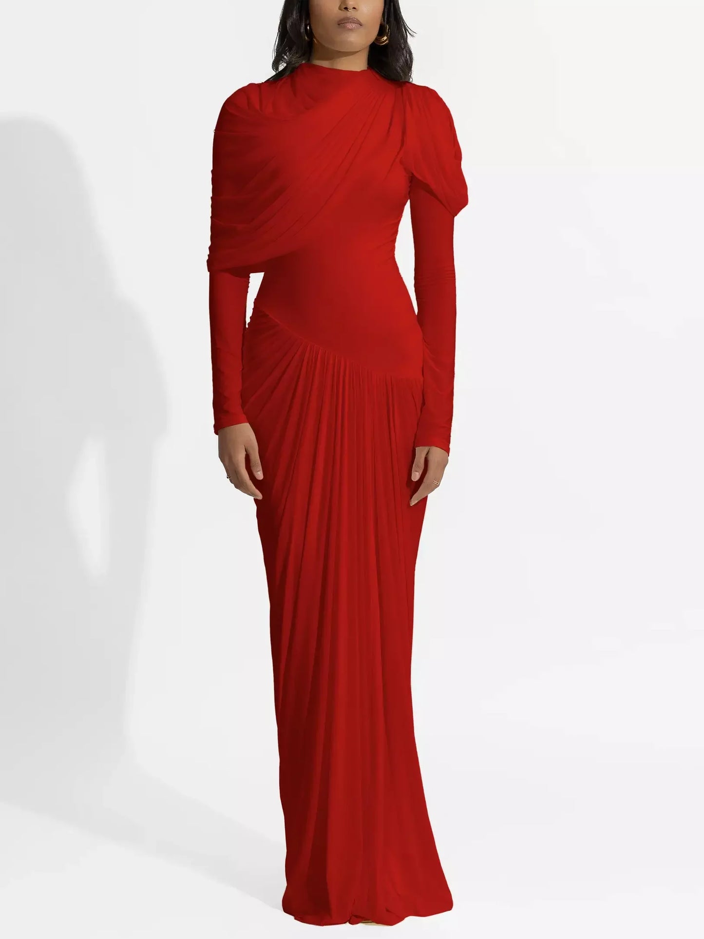 Asymmetric Draped Drop-Waist Jersey Gown - XS / Red - Dresses