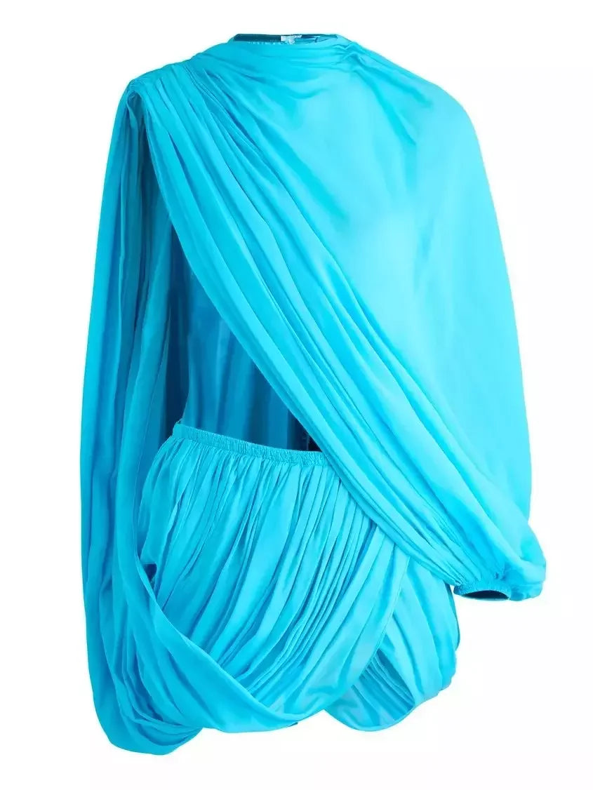 Asymmetric Draped Turquois Georgette Mini Dress - Dresses