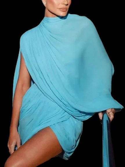Asymmetric Draped Turquois Georgette Mini Dress - Dresses