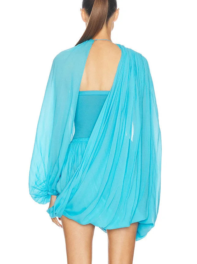 Asymmetric Draped Turquois Georgette Mini Dress - Dresses