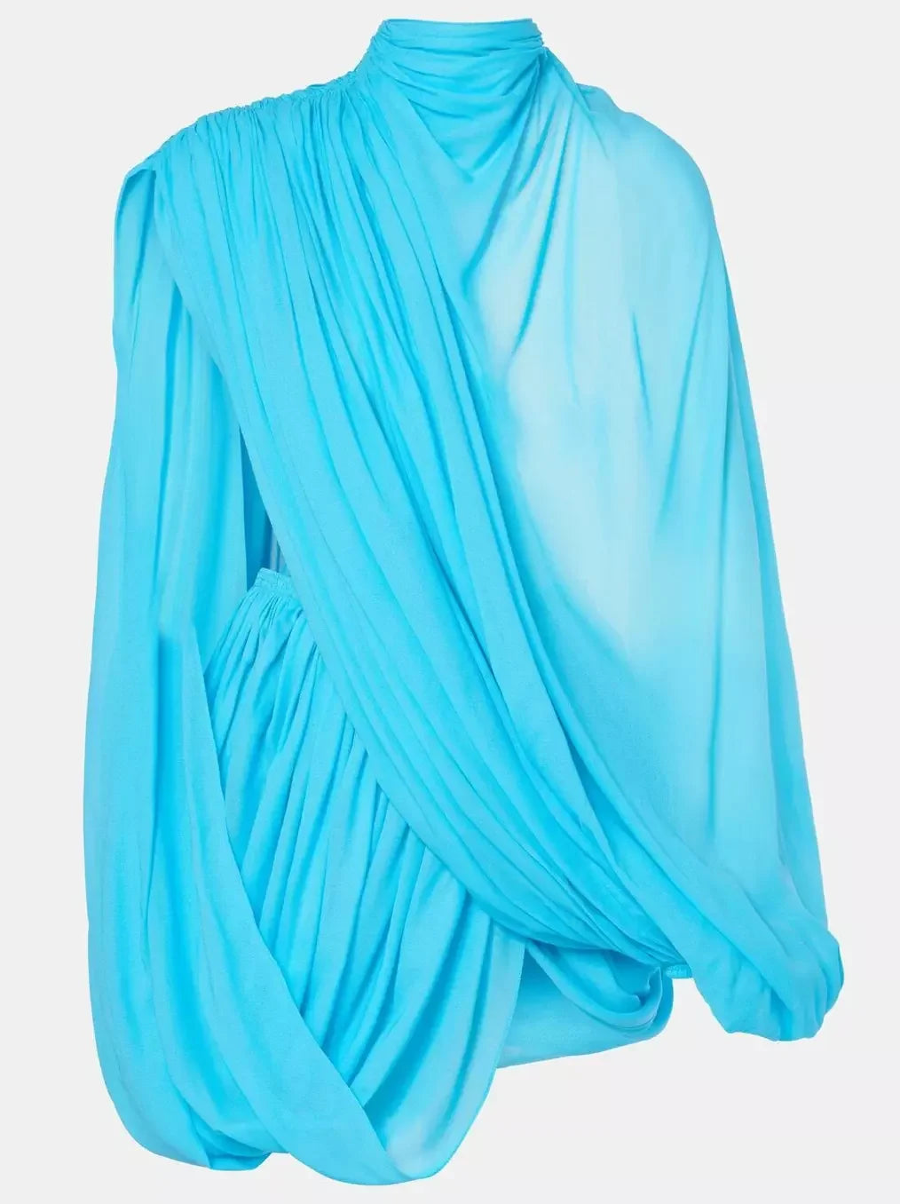 Asymmetric Draped Turquois Georgette Mini Dress - Dresses