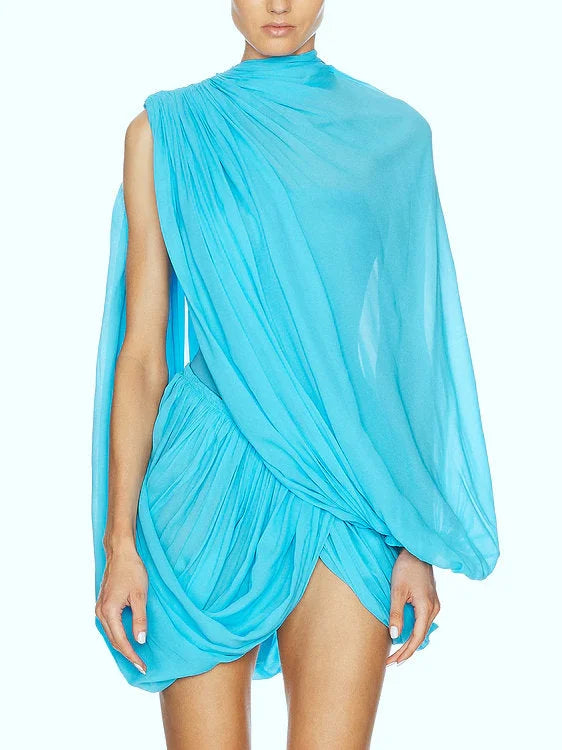 Asymmetric Draped Turquois Georgette Mini Dress - Dresses