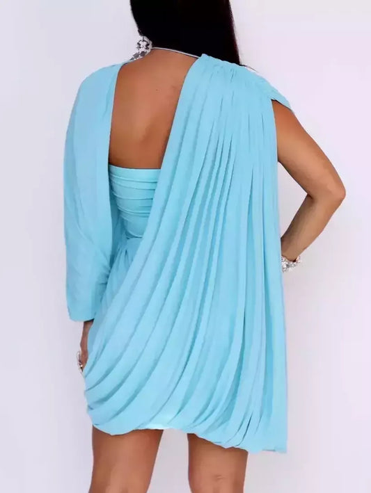 Asymmetric Draped Turquois Georgette Mini Dress - Dresses