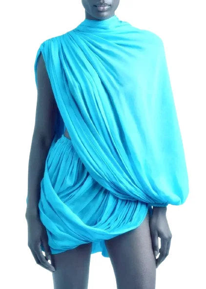 Asymmetric Draped Turquois Georgette Mini Dress - Dresses