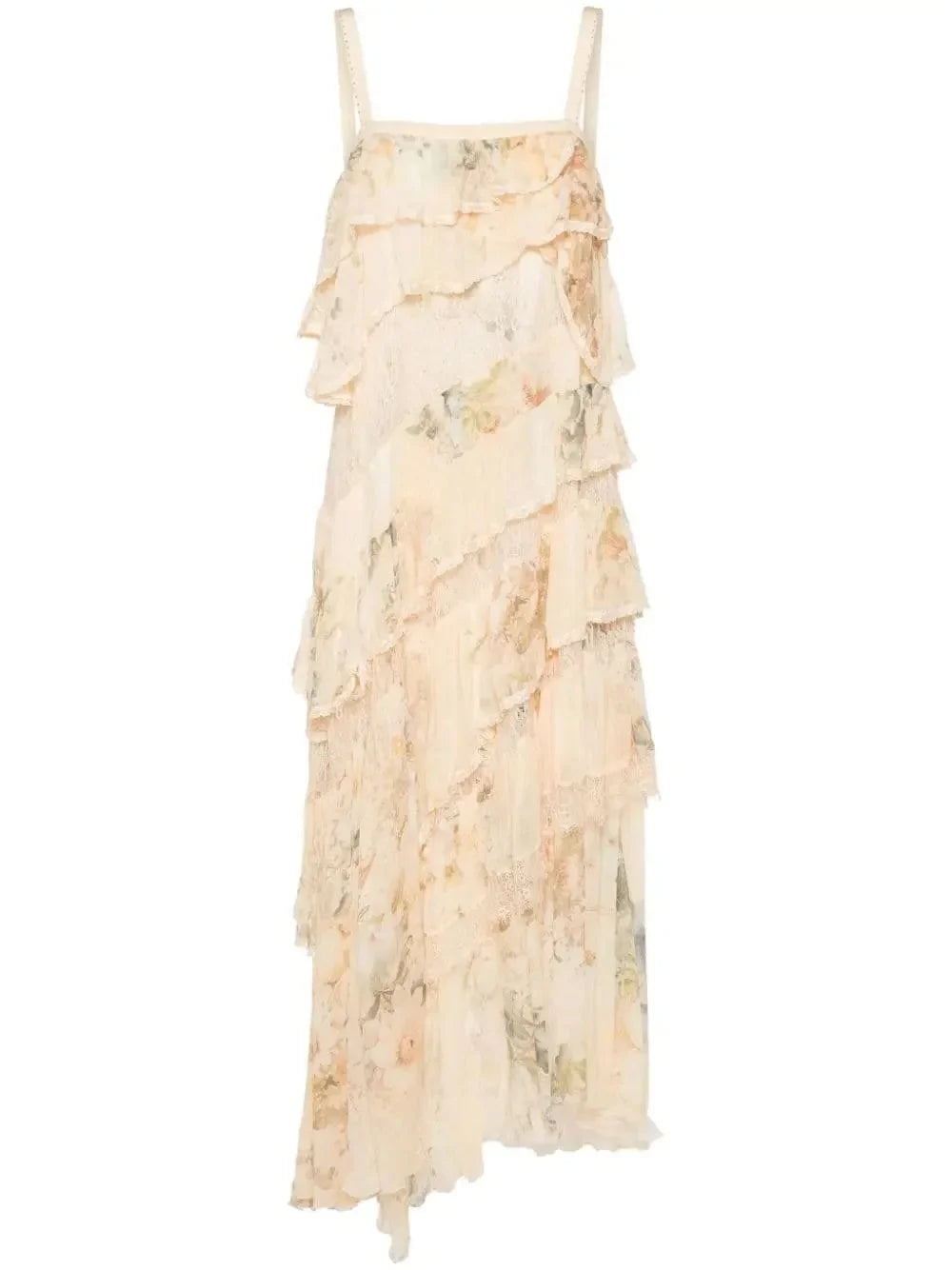 Asymmetric Floral-Print Ruffle-Tiered Lace-Trim Dress - Dresses