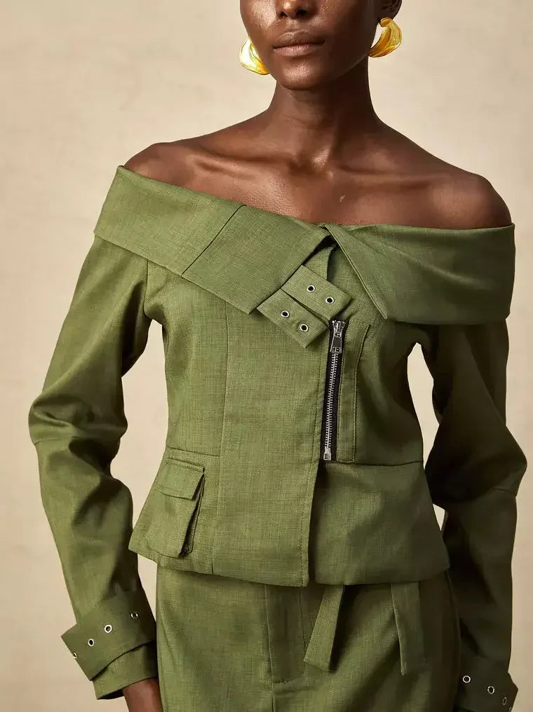 Asymmetric Off-Shoulder Zip Jacket and Cut-Out Skirt Set - Suits & Sets