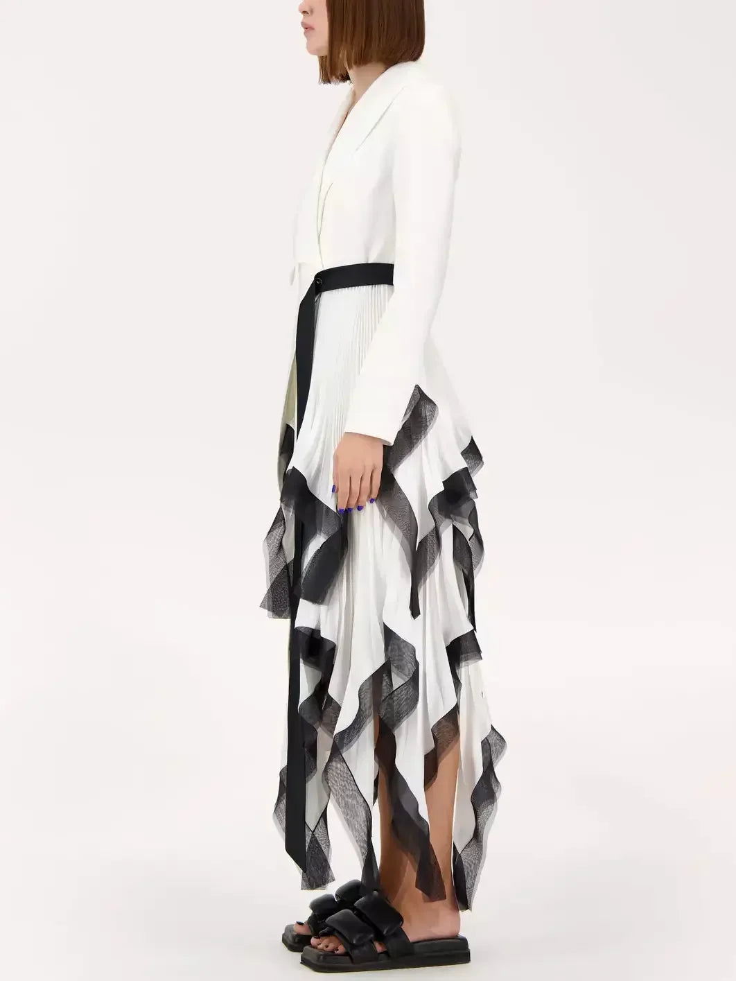 Asymmetric One-Side Pleat Ruffled Blazer Dress - Dresses