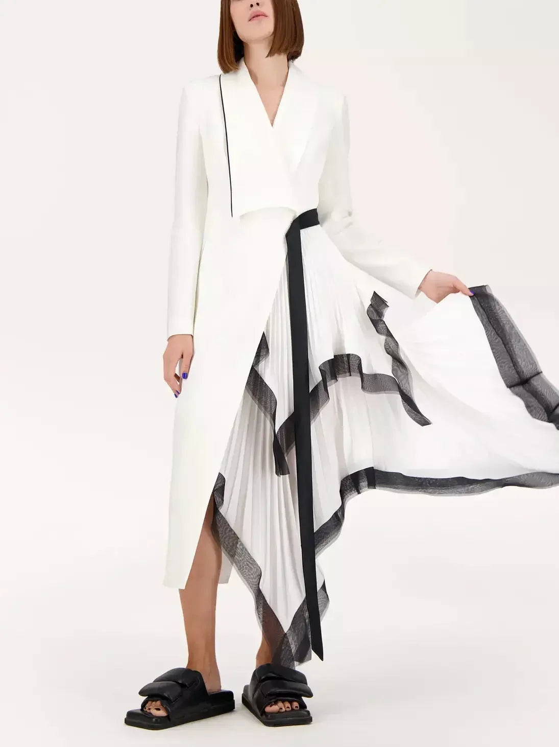 Asymmetric One-Side Pleat Ruffled Blazer Dress - Dresses