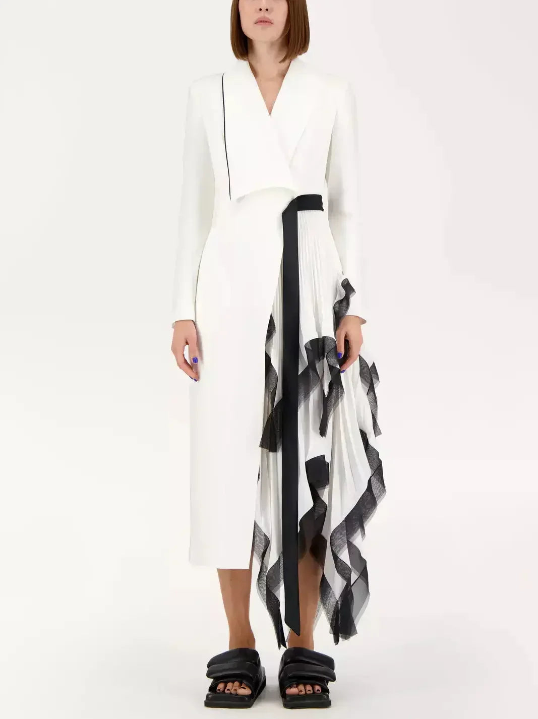 Asymmetric One-Side Pleat Ruffled Blazer Dress - Dresses