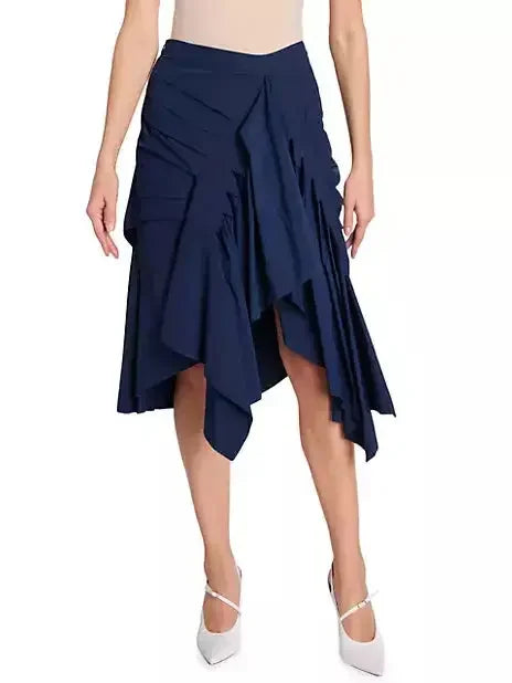 Asymmetric Pleated Midi Skirt in Navy - Skirts