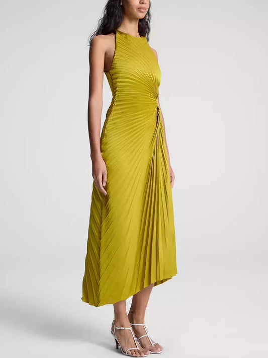 Asymmetric Sleeveless Pleated Midi Dress in Yellow - Dresses