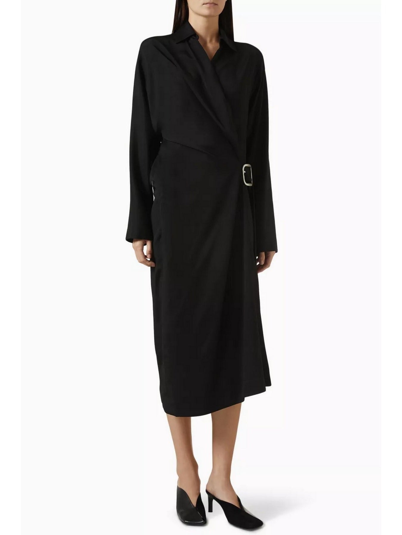 Asymmetrical-Belted Black Midi Shirt Dress - Dresses