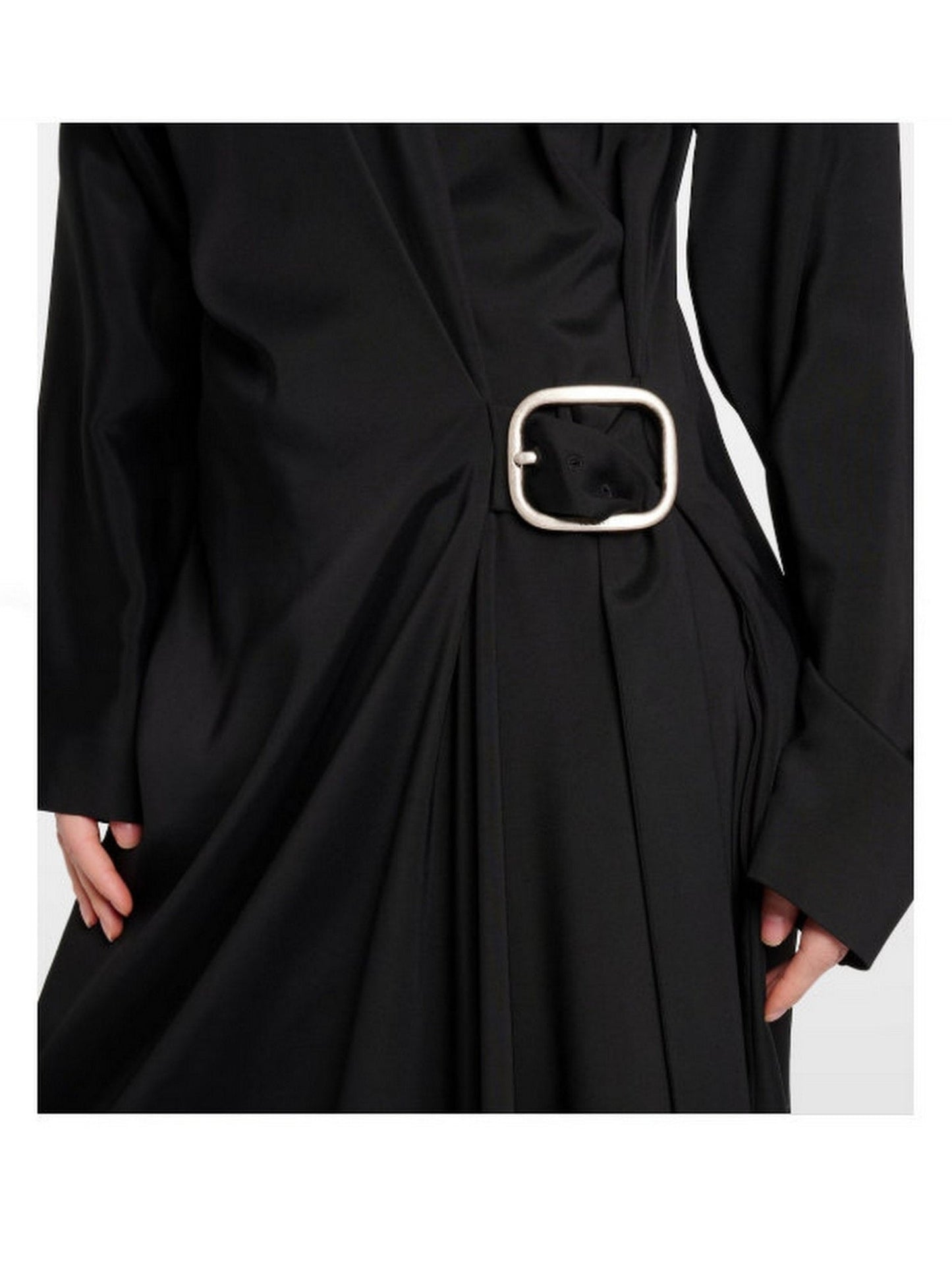 Asymmetrical-Belted Black Midi Shirt Dress - Dresses