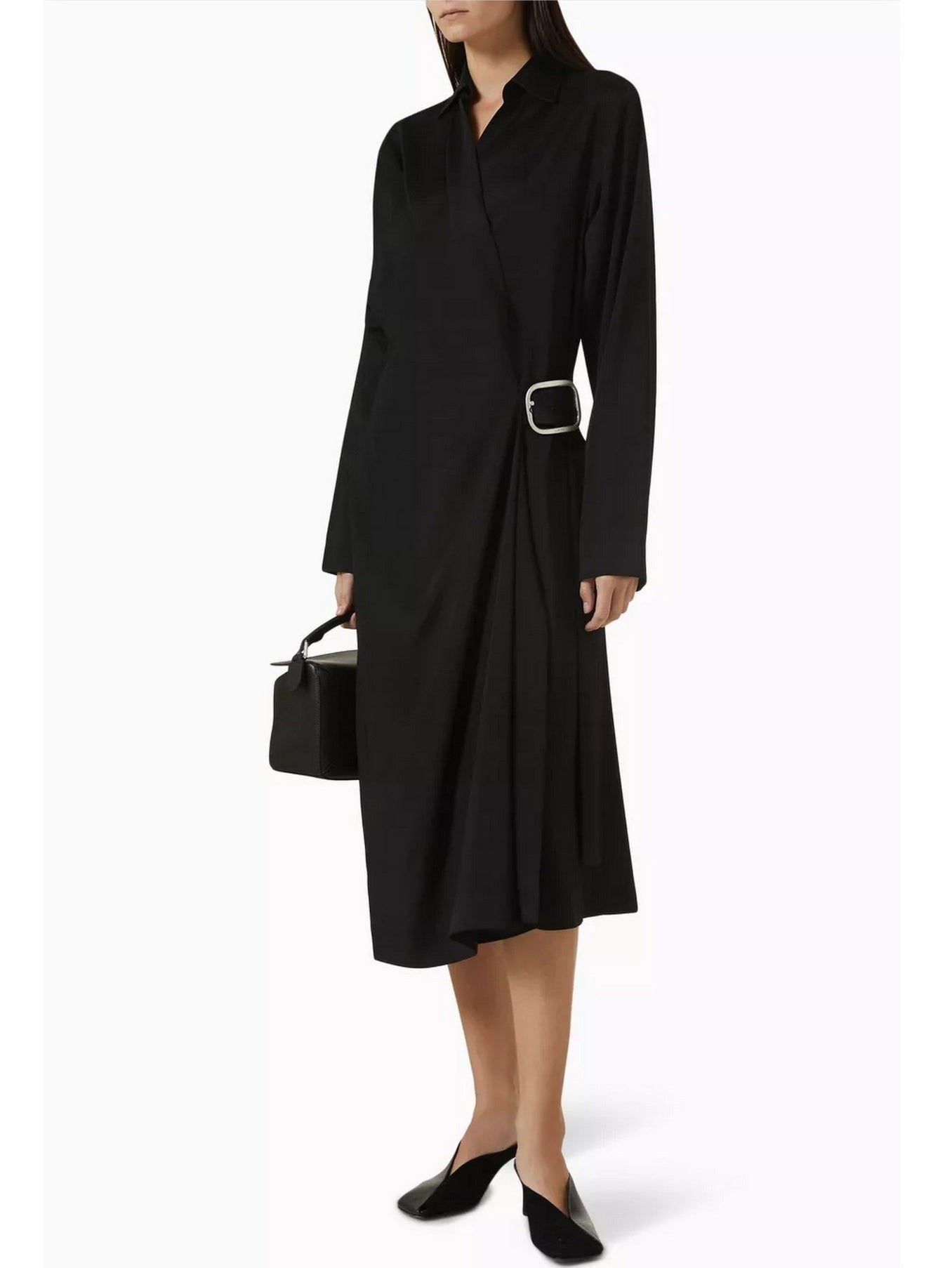Asymmetrical-Belted Black Midi Shirt Dress - Dresses