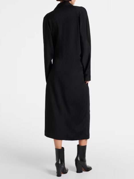 Asymmetrical-Belted Black Midi Shirt Dress - Dresses