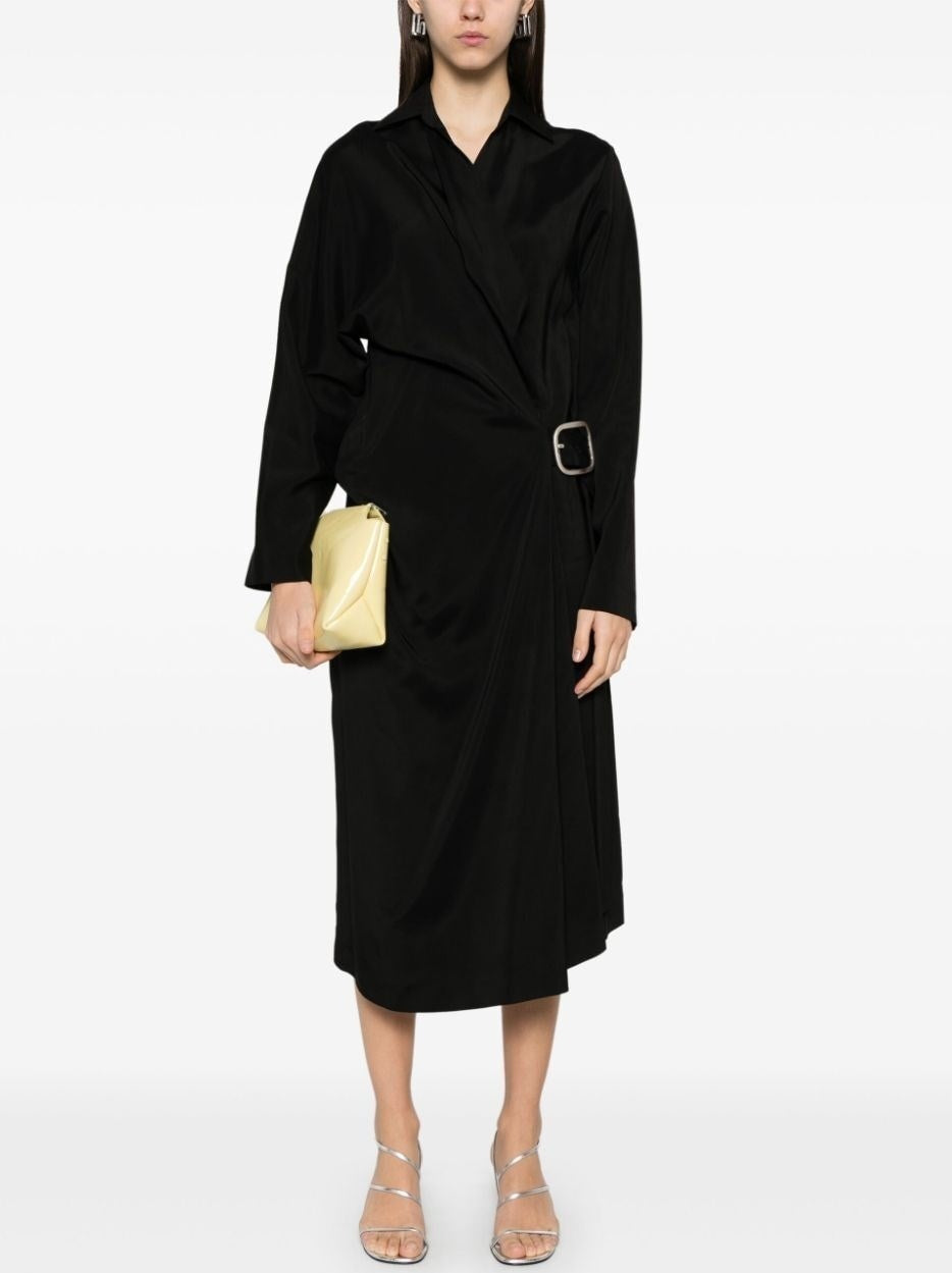 Asymmetrical-Belted Black Midi Shirt Dress - Dresses