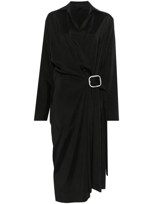 Asymmetrical-Belted Black Midi Shirt Dress - Dresses
