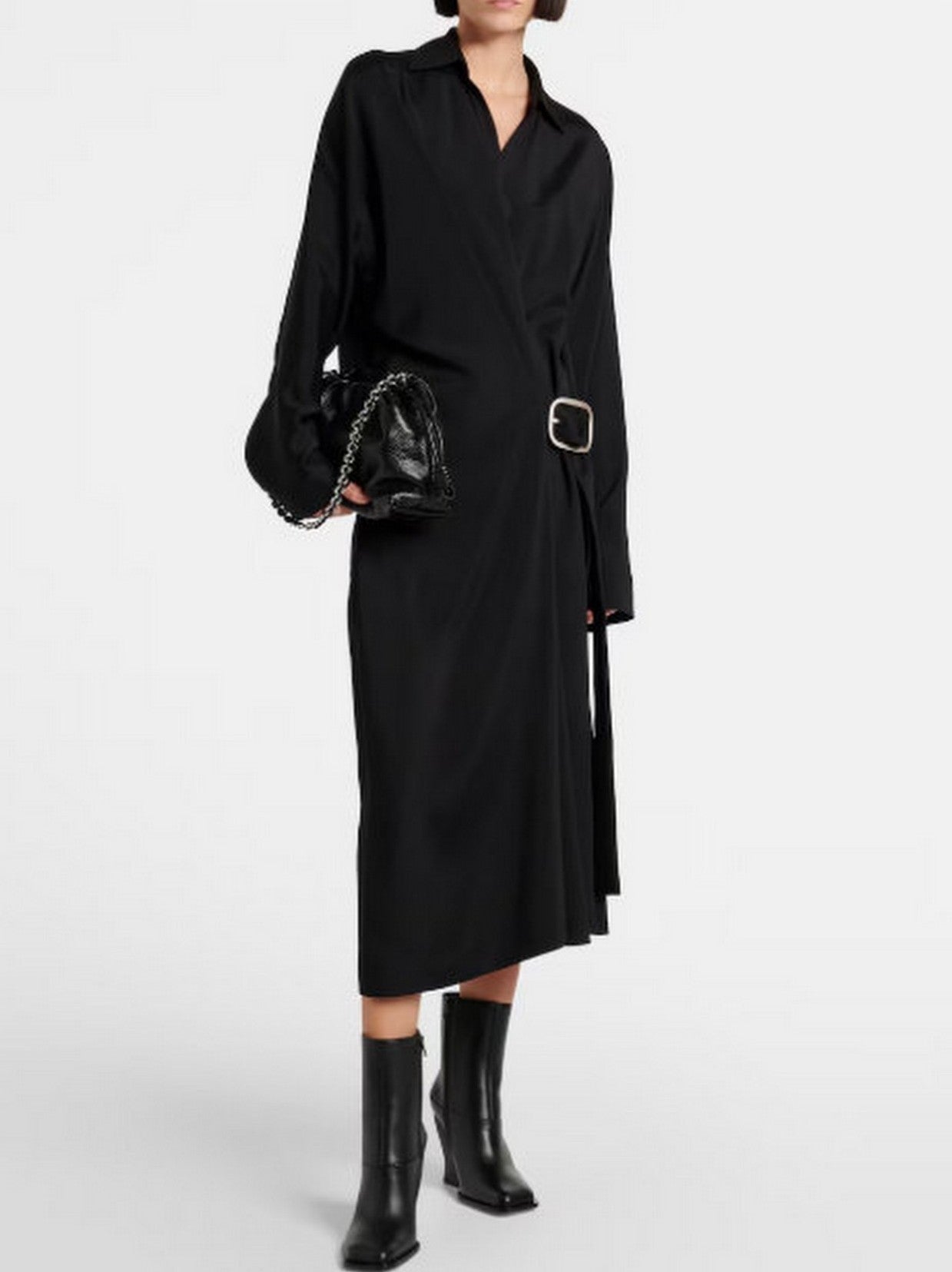 Asymmetrical-Belted Black Midi Shirt Dress - Dresses