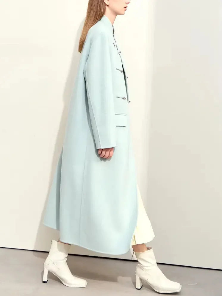 Asymmetrical-Closure Mandarin Collar Wool Coat in Pale Blue - Coats