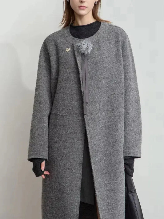 Asymmetrical-Closure Wool Coat with Removable Corsage - Coats