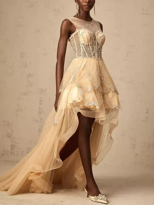 Asymmetrical Corset Style Tulle Sleeveless Gown in Champagne - Dresses