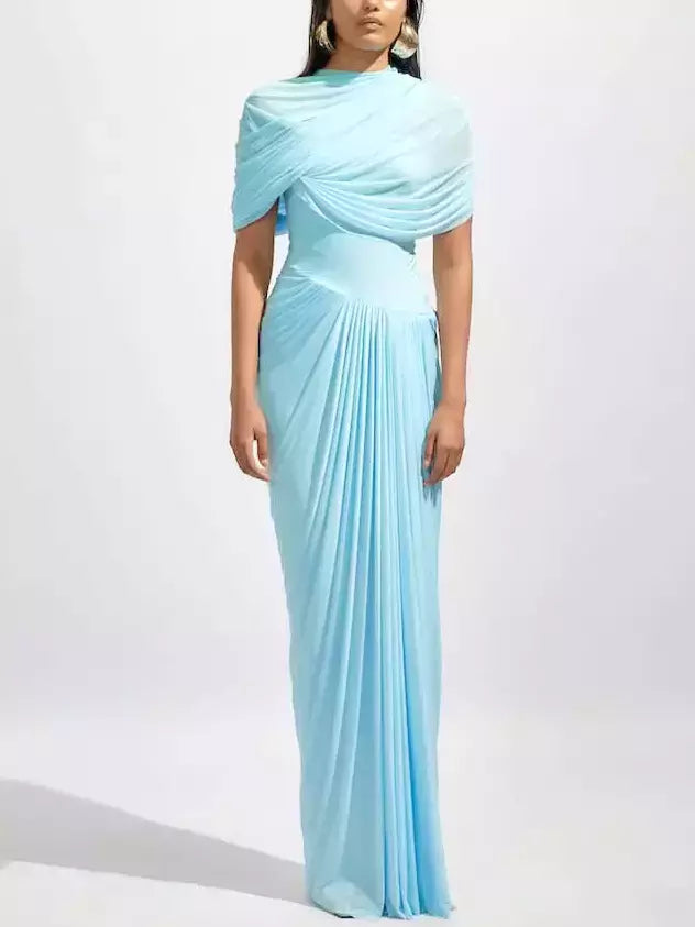 Asymmetrical Draped Pleated Long Chiffon Dress - Dresses
