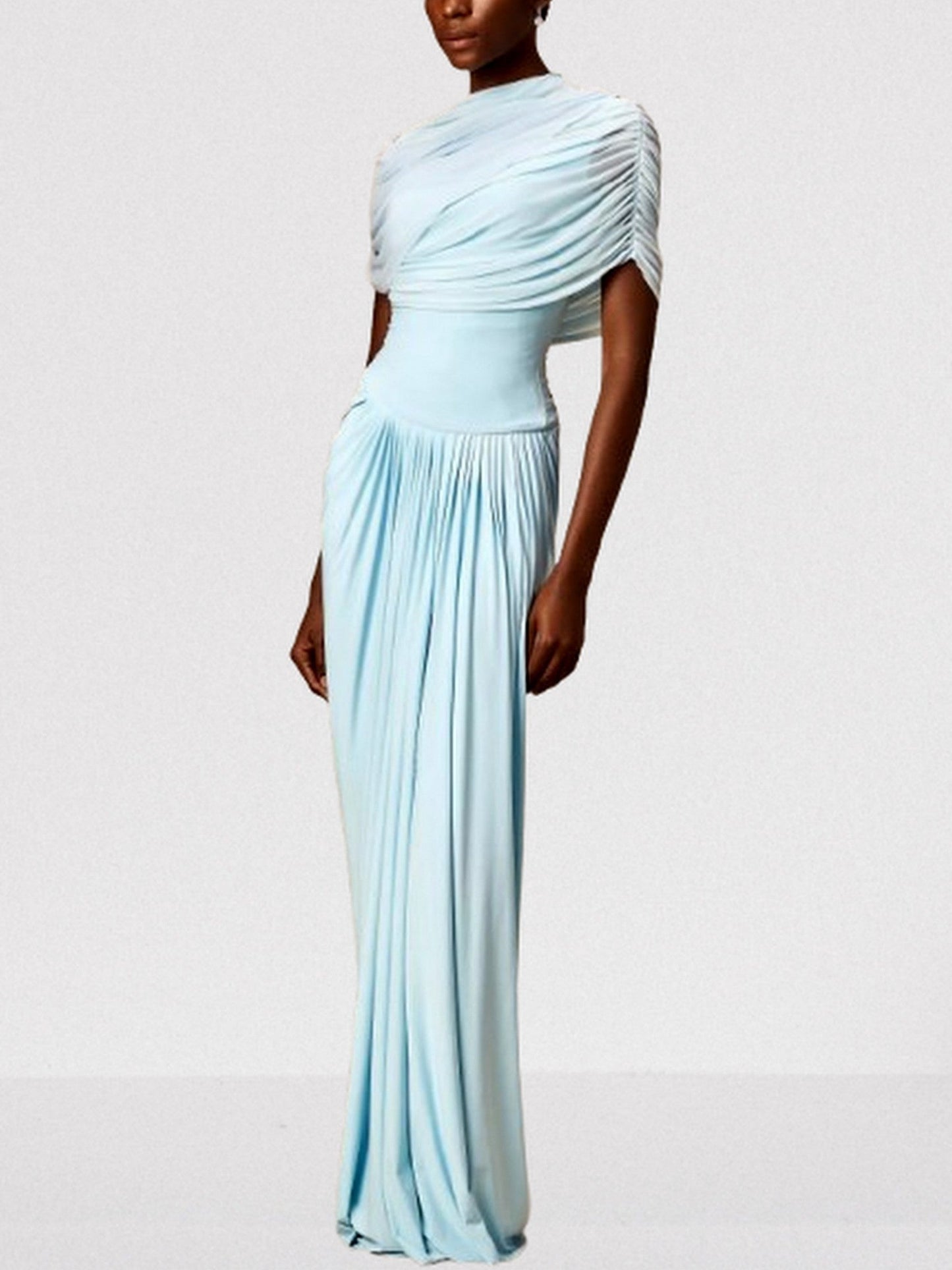 Asymmetrical Draped Pleated Long Chiffon Dress - Dresses