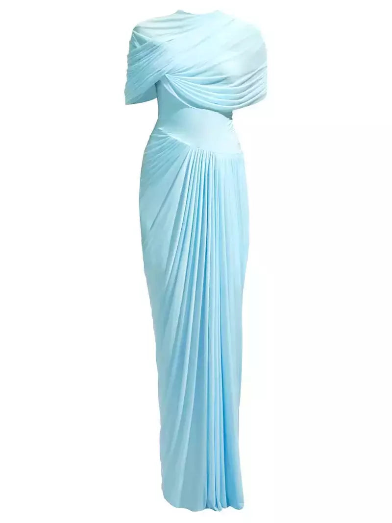 Asymmetrical Draped Pleated Long Chiffon Dress - Dresses