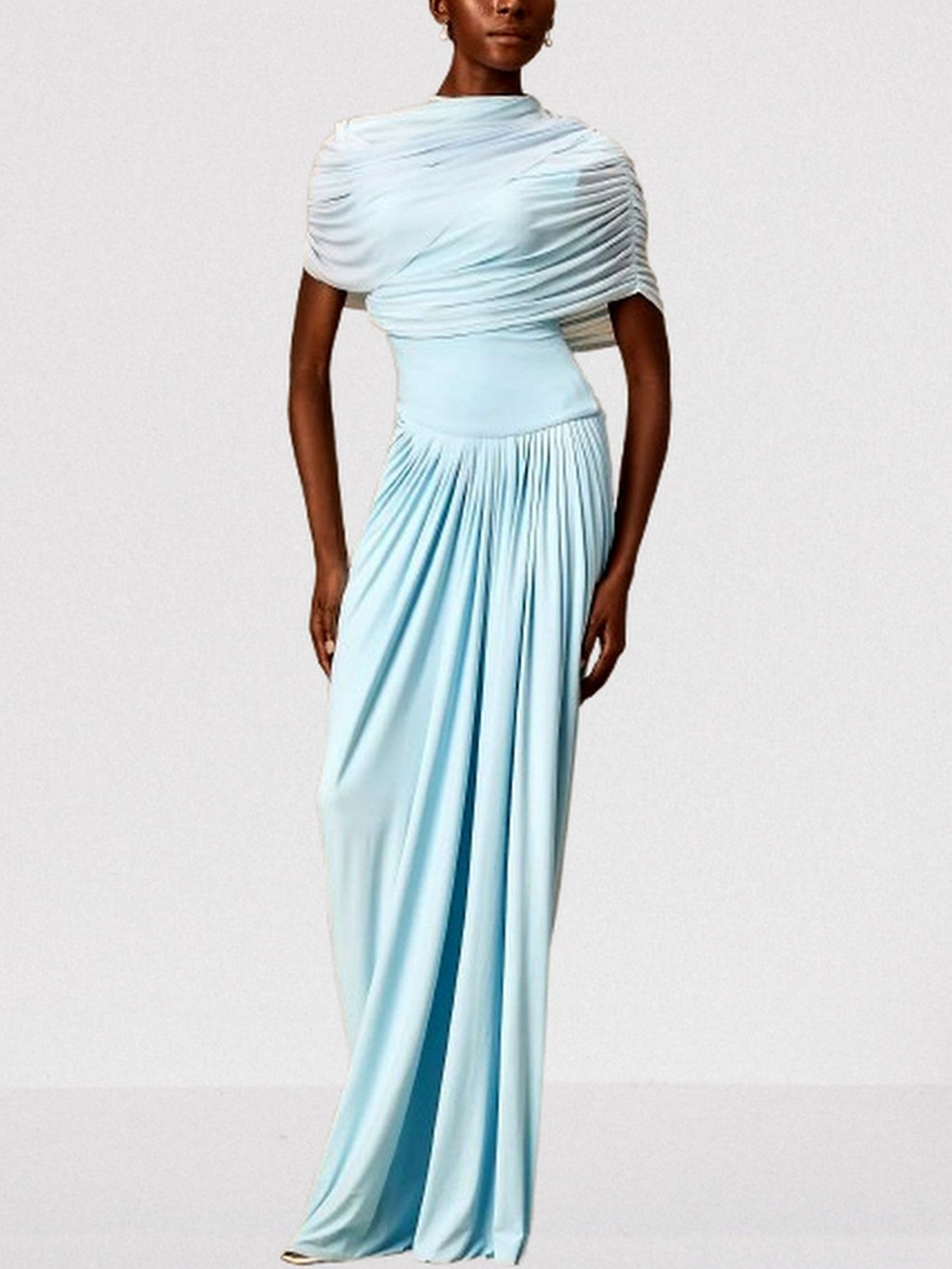 Asymmetrical Draped Pleated Long Chiffon Dress - Dresses
