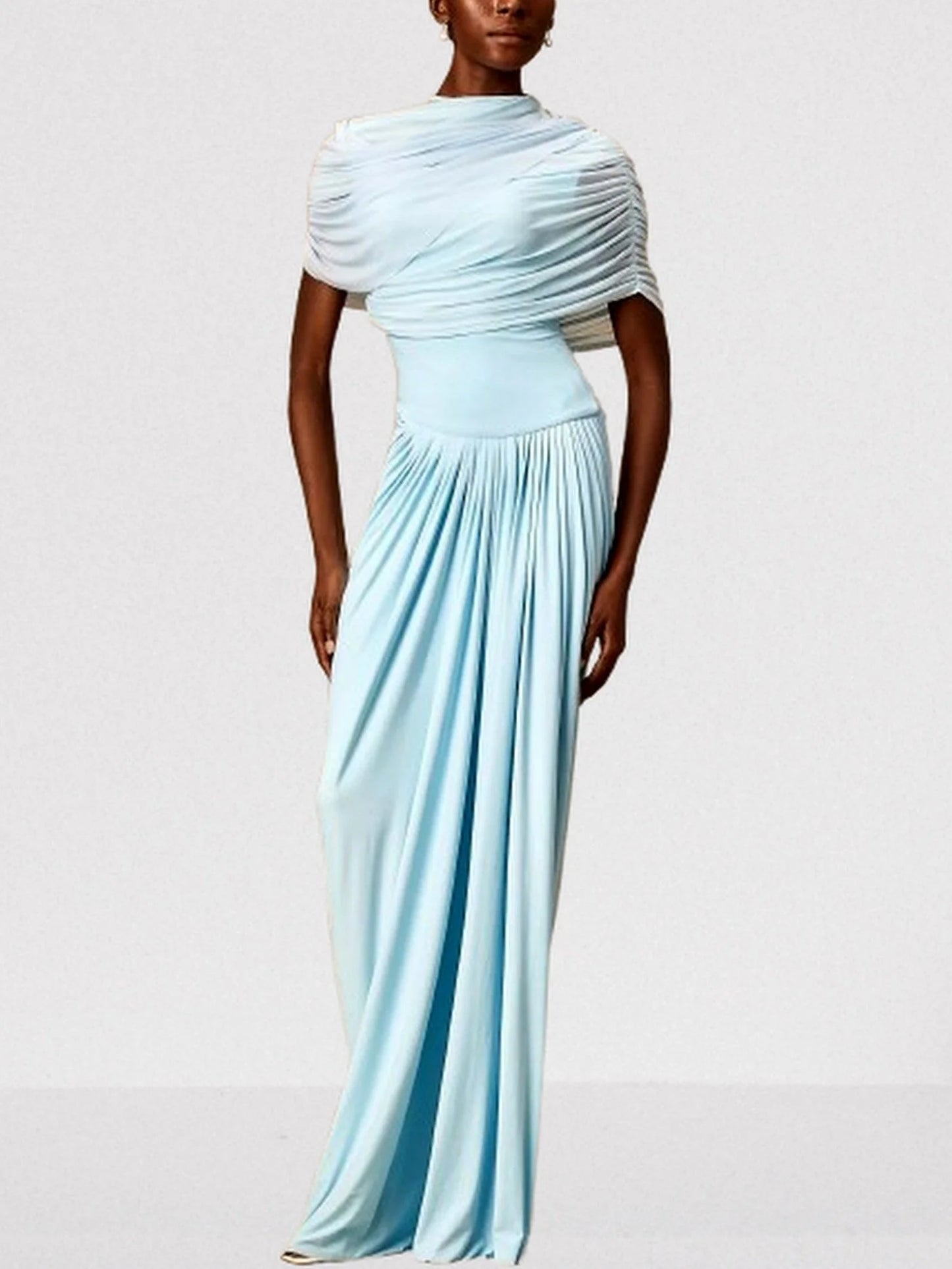 Asymmetrical Draped Pleated Long Chiffon Dress - Dresses
