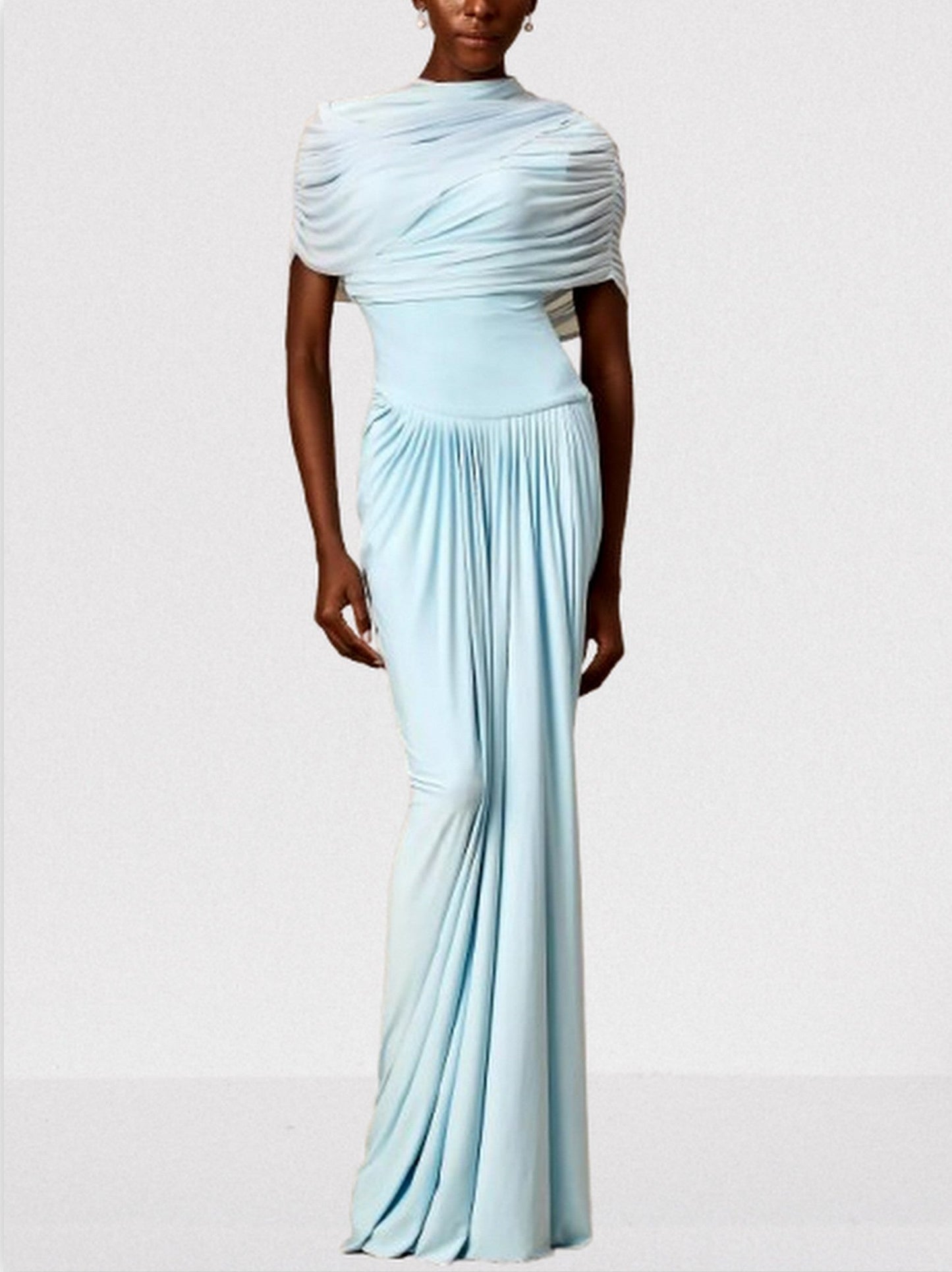 Asymmetrical Draped Pleated Long Chiffon Dress - Dresses