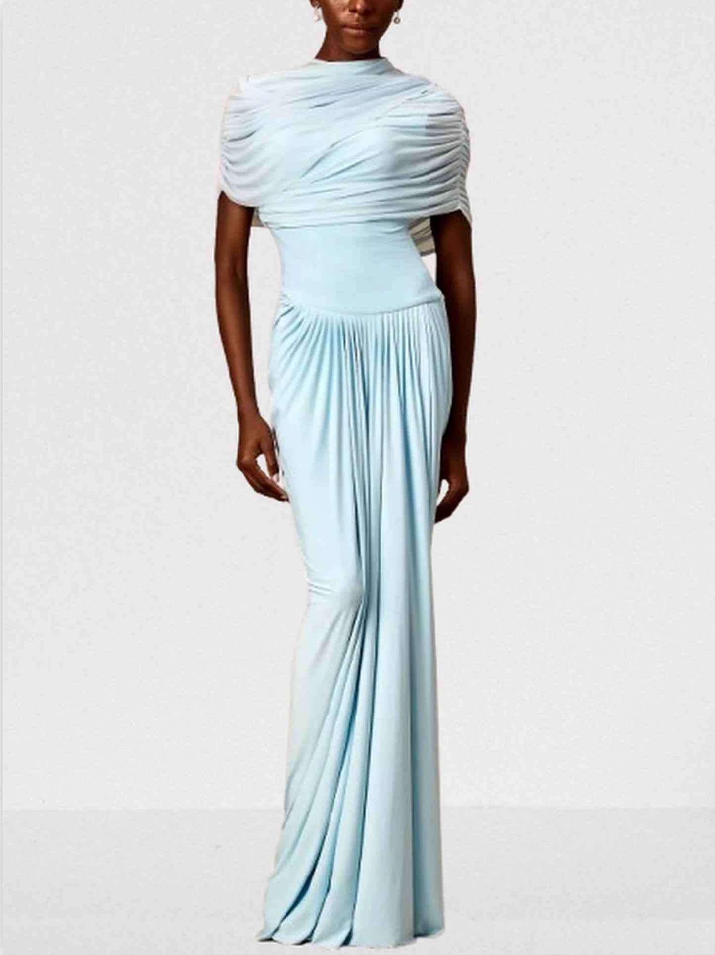 Asymmetrical Draped Pleated Long Chiffon Dress - Dresses