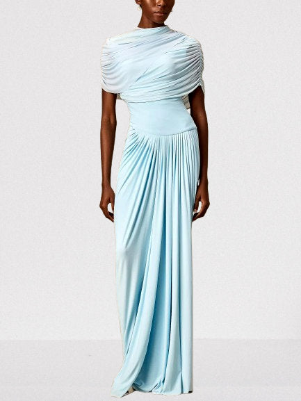 Asymmetrical Draped Pleated Long Chiffon Dress - Dresses