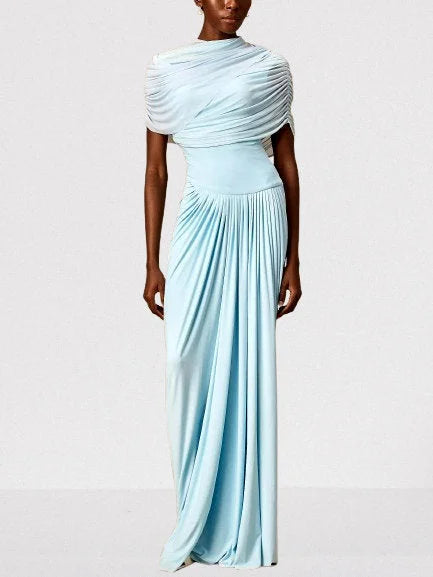 Asymmetrical Draped Pleated Long Chiffon Dress - Dresses