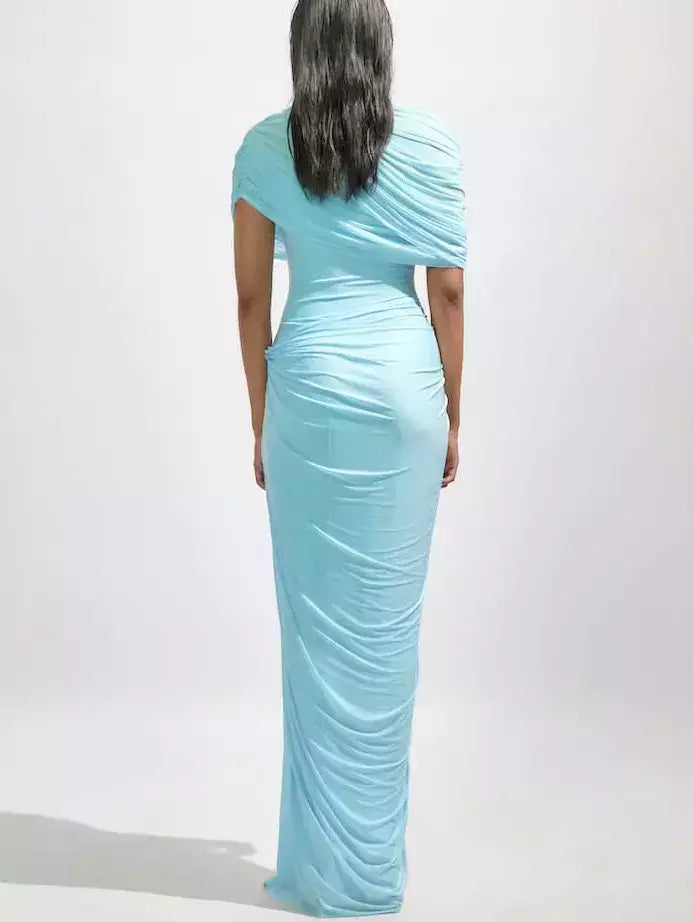 Asymmetrical Draped Pleated Long Chiffon Dress - Dresses