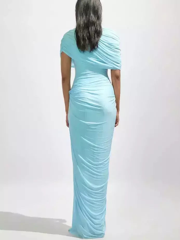 Asymmetrical Draped Pleated Long Chiffon Dress - Dresses