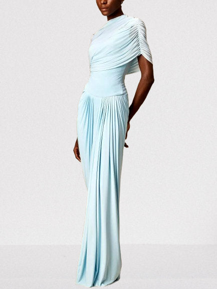 Asymmetrical Draped Pleated Long Chiffon Dress - Dresses