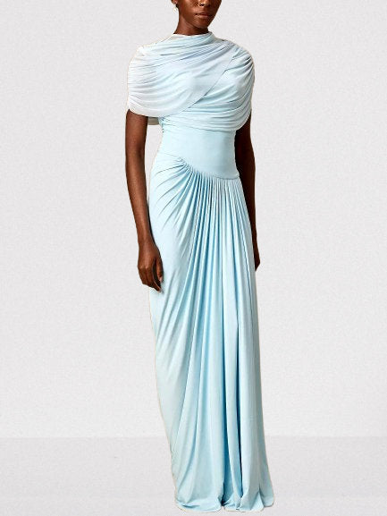 Asymmetrical Draped Pleated Long Chiffon Dress - Dresses