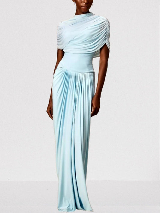 Asymmetrical Draped Pleated Long Chiffon Dress - Dresses