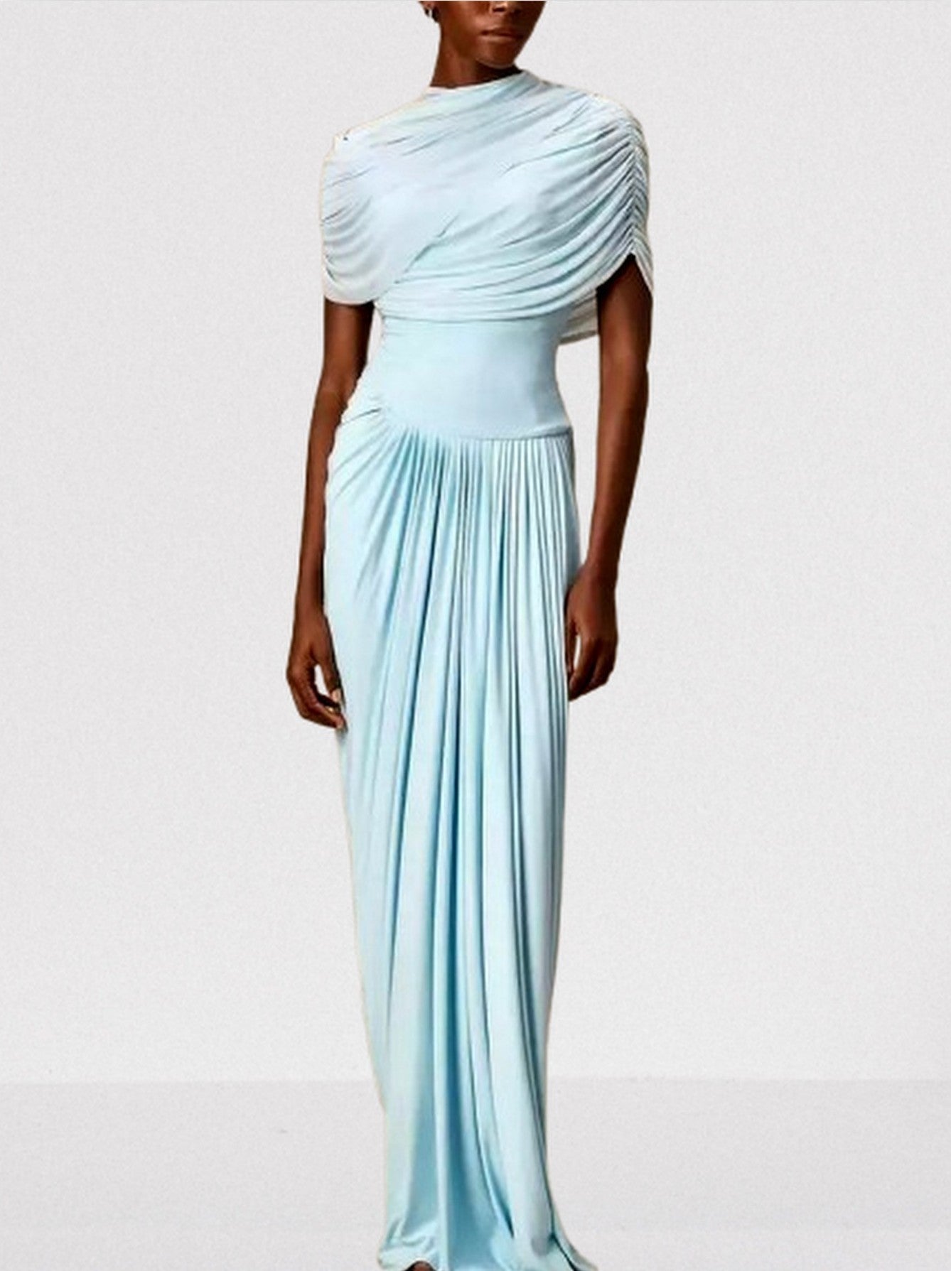 Asymmetrical Draped Pleated Long Chiffon Dress - Dresses