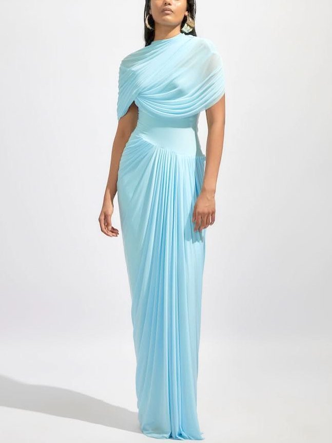 Asymmetrical Draped Pleated Long Chiffon Dress - Dresses