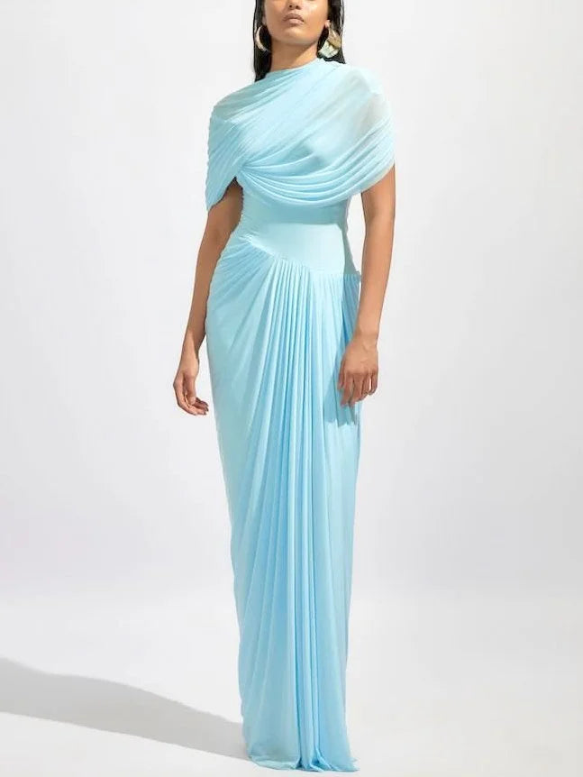 Asymmetrical Draped Pleated Long Chiffon Dress - Dresses