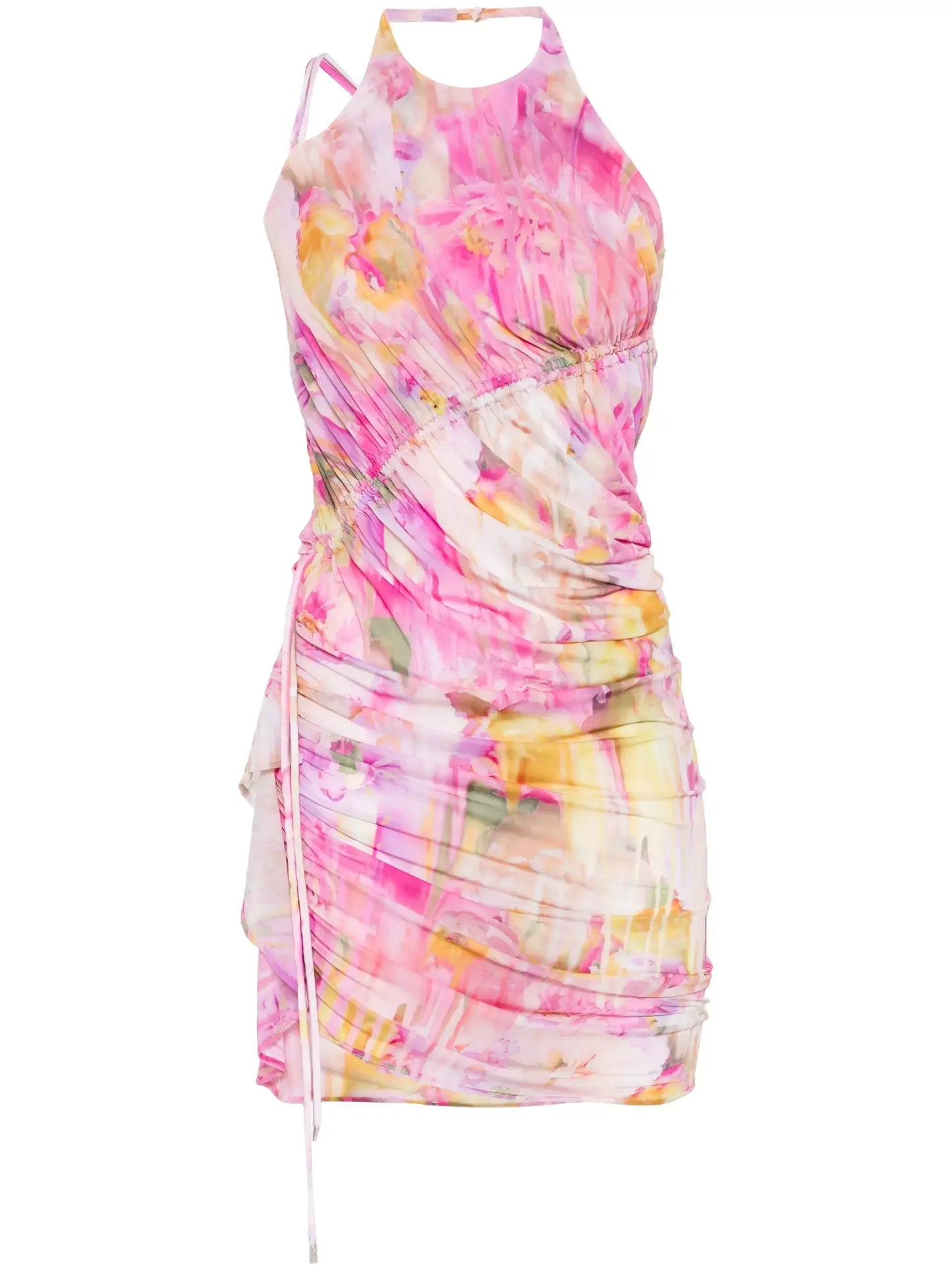 Asymmetrical Floral Print Gathered Mini Dress - Dresses