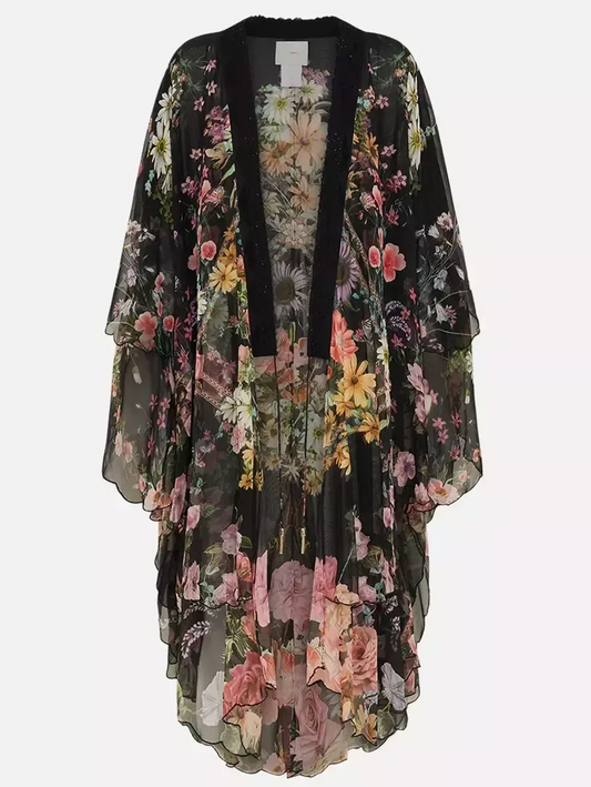 Asymmetrical Floral Print Silk Coat - Coats