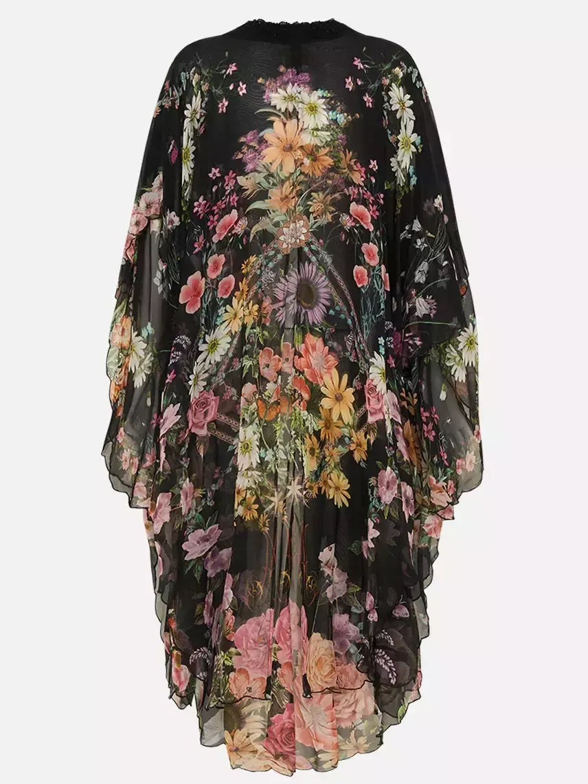 Asymmetrical Floral Print Silk Coat - Coats