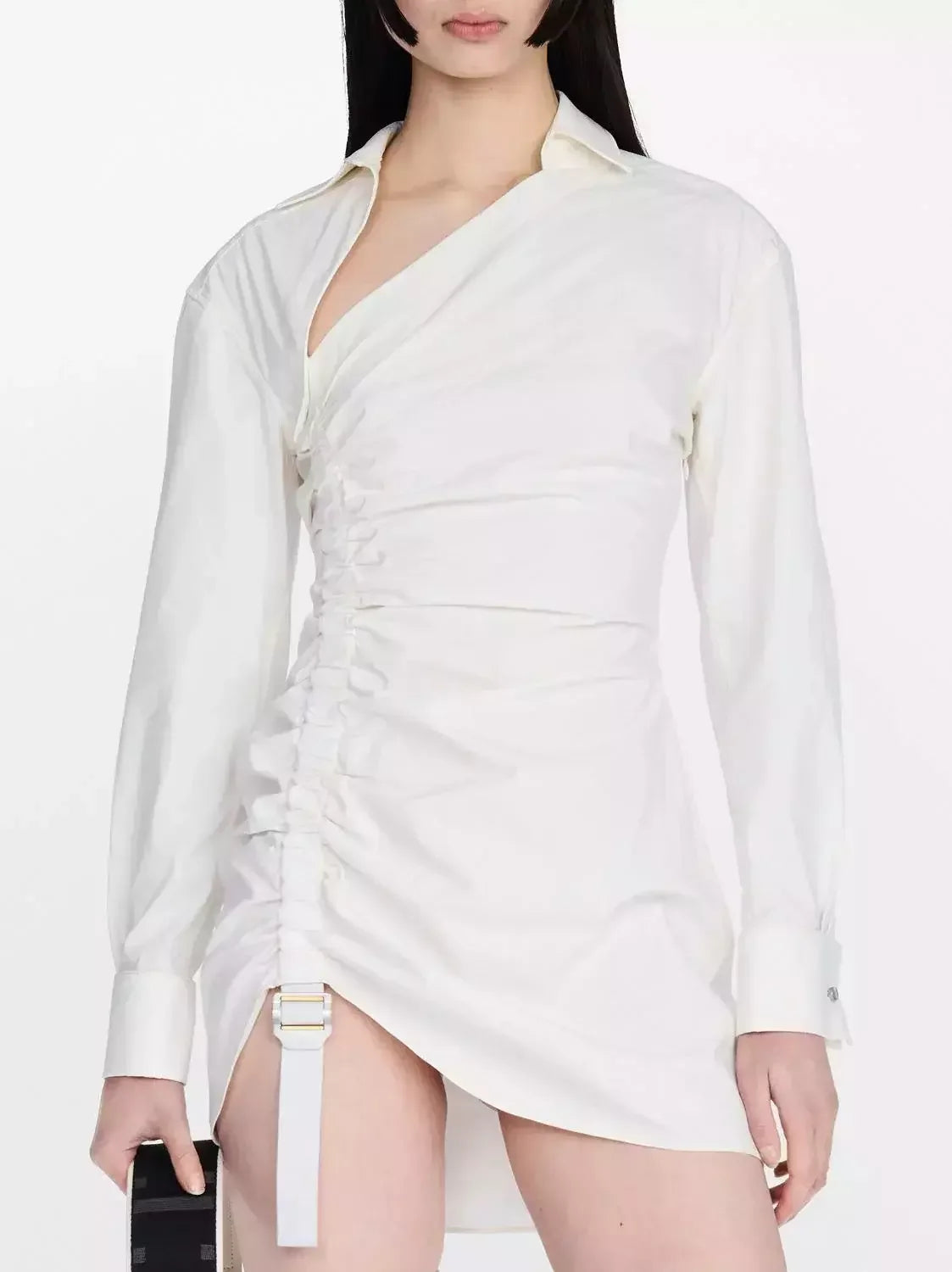 Asymmetrical Gathered Mini Dress with Safety Slider - Small / White - Dresses