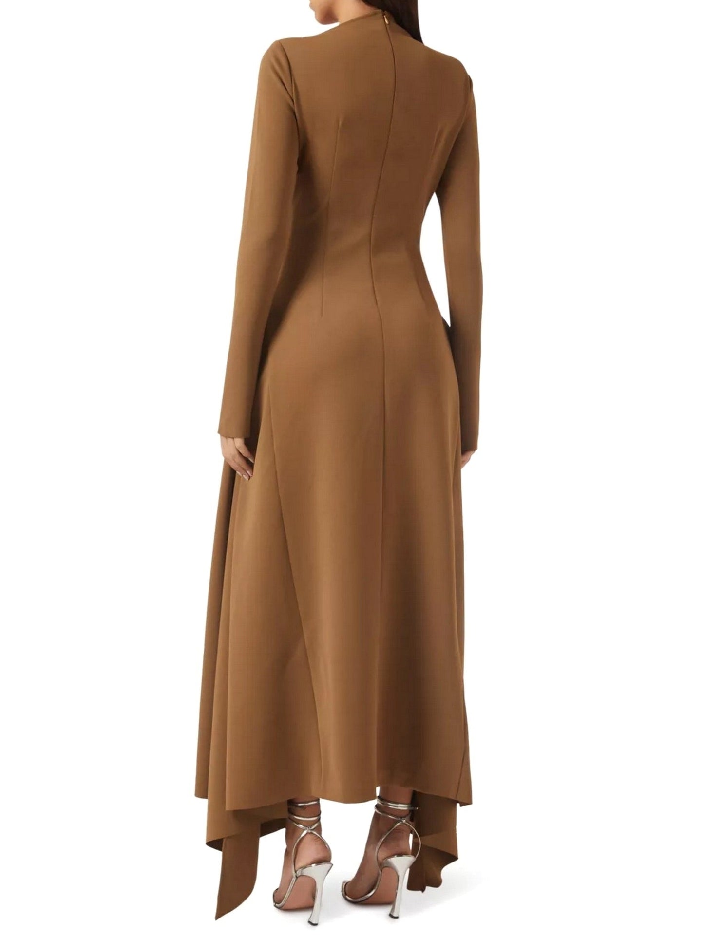 Long-sleeved brown Asymmetrical Jersey Gathered Maxi Dress for elegant style